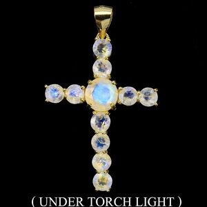 Natural Fire Blue White Moonstone Cross Pendant Necklace in 14k Gold & Silver